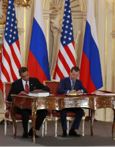 The New START Treaty being signed by Presidents Barack Obama and Dmitry Medvedev on April 8th, 2010 in Prague.